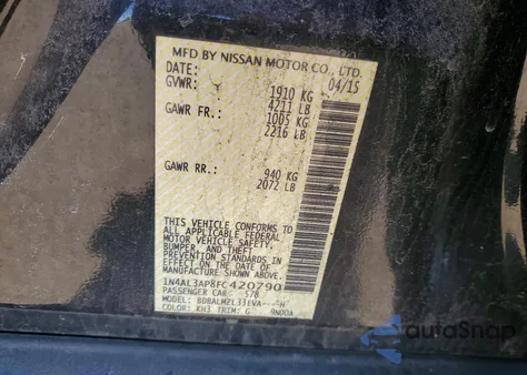 2015 Nissan Altima 2.5 z USA, uszkodzony, nr VIN 1N4AL3AP8FC420790